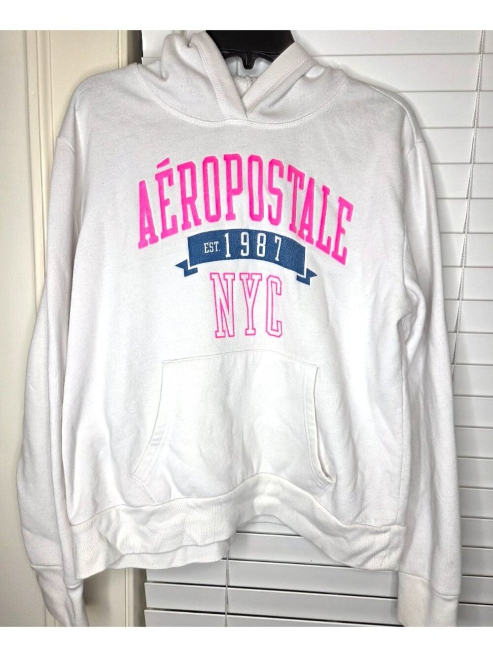 Aeropostale White NYC 1987 Hoodie Womens XL Cotton Blend Pullover Sweatshirt